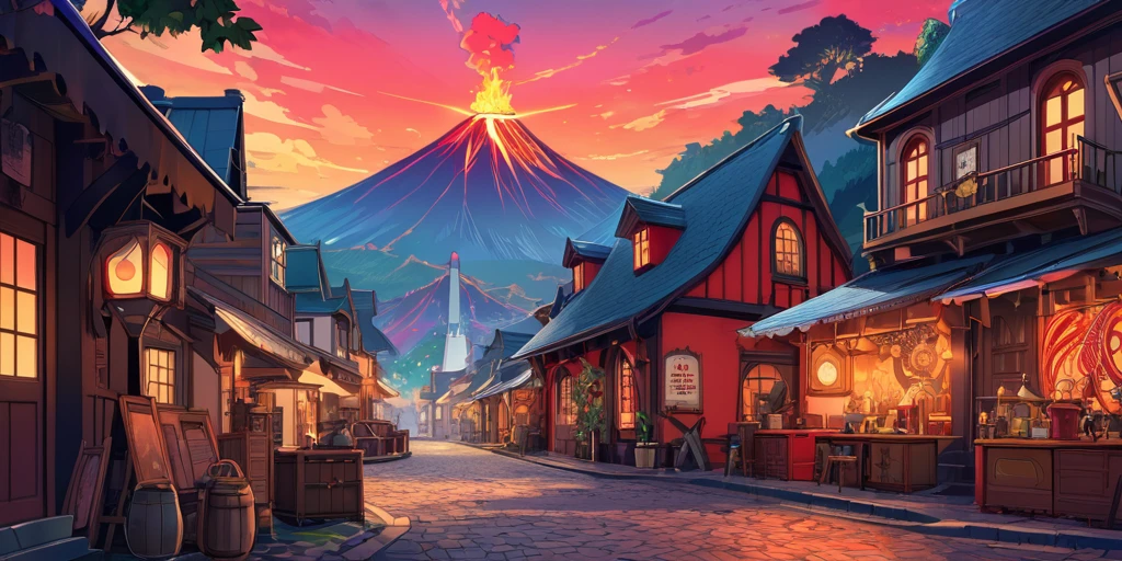 Draw a lofi anime poster, village, volcan, Steampunk Decoration, faire, lumière, a beautiful color palette in black red, couleurs saturées vibrantes, ouvrages d'art, days, animated theme