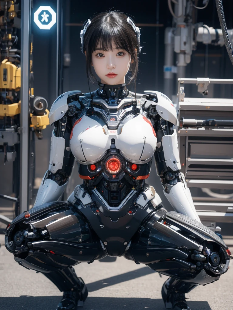 masterpiece, Highest quality, Very detailed, Japaese アンDroid girl,Portraiture,Plump,Thick,Control panel,アンDroid,Droid,Mechanical Hand, robotの腕と脚, Black Hair,Blunt bangs,perfect robot girl,Long tube,A thick cable was attached to her neck.,アンDroid,robot,humanoid,cyborg,japanese cyborg girl ,robot-assembly plant,She is now assembling,Assembly scene,Chubby,Squat