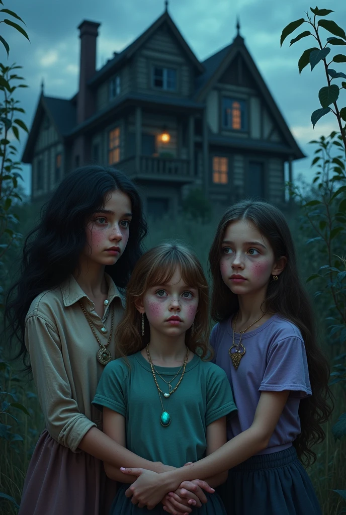A short, dark-haired girl with a purple ring, very beautiful, a 10-year-old blonde child with a green pearl necklace, a blonde ager with freckles and a necklace with a blue amulet. They are all holding hands in front of an old, abandoned house and their expressions are filled with fear.