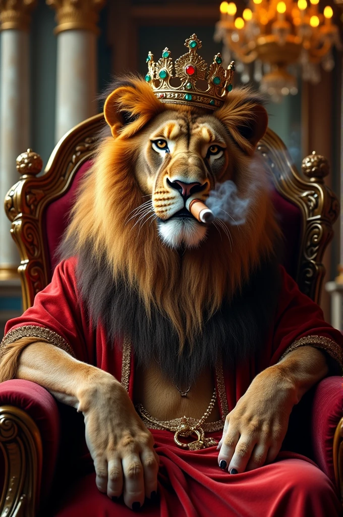 Lion sitting on a throne over the fire with a crown on his head and a glass of wine in his hand
