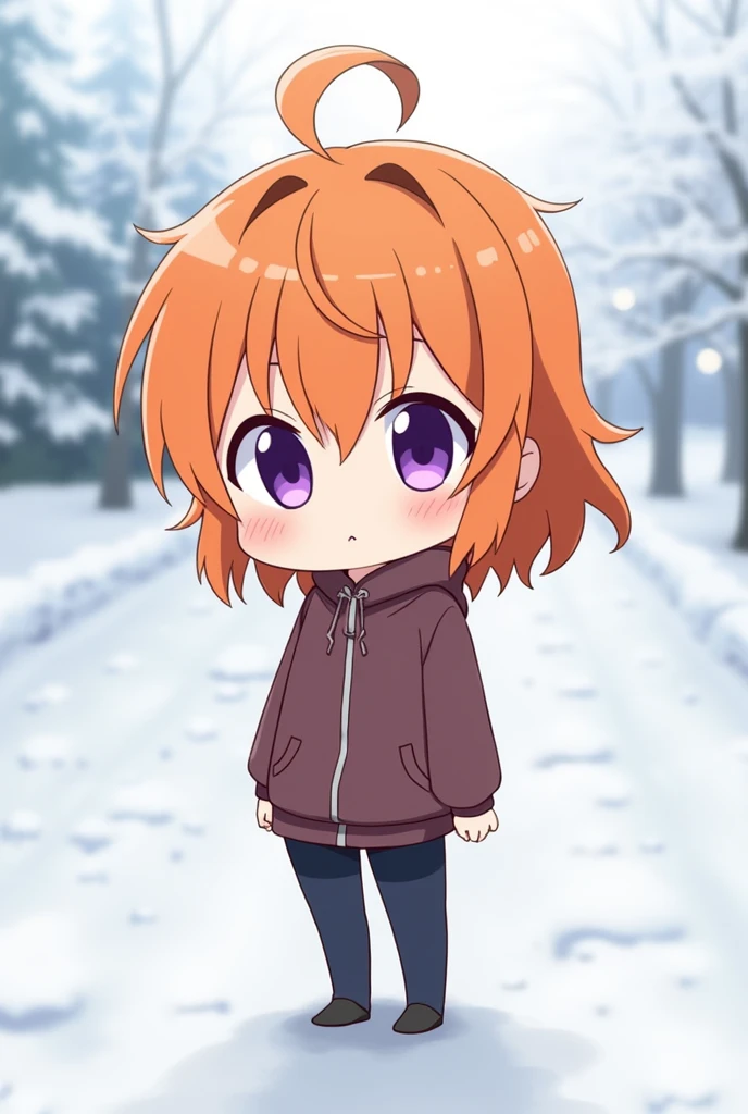 anime,change ,whole body, by the width, Orange hair,purple eyes, short stature and snowy background