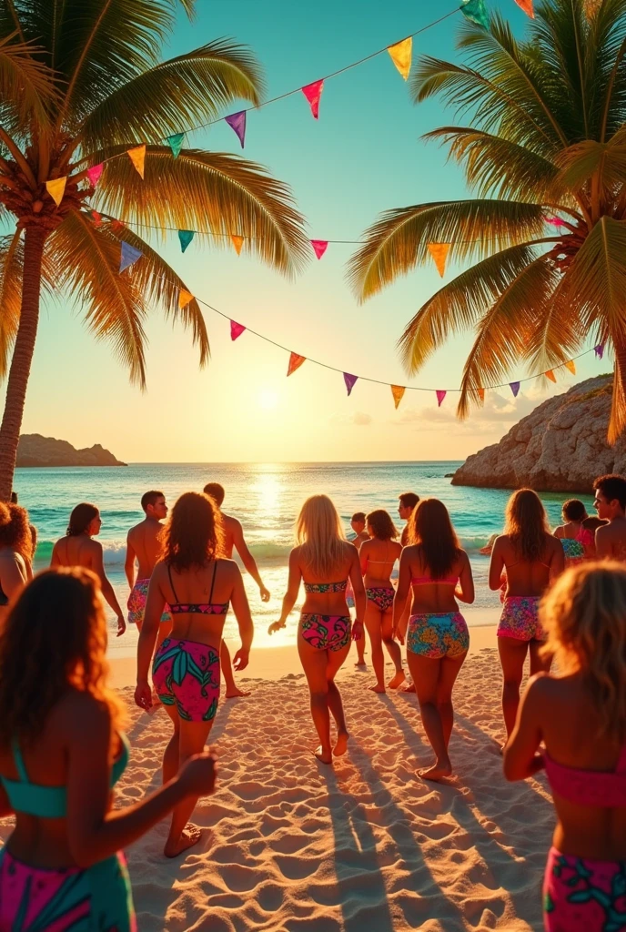 Caribbean music party scene with palm trees and beach
