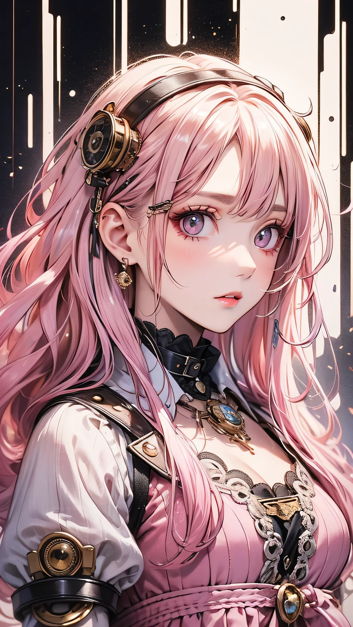 Highest quality, masterpiece, Upper Body, woman, Windblown blonde, Shining Eyes, Steampunk Style, Light clothing, Pink clothes, Pink Hair