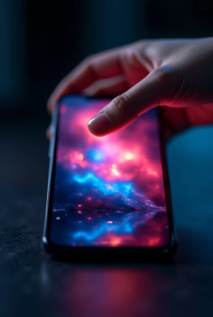 iphone 15 pro max, with 4k hd result, showing beautiful colorfull abstract image, girl fingure glazed touch on it,daark background