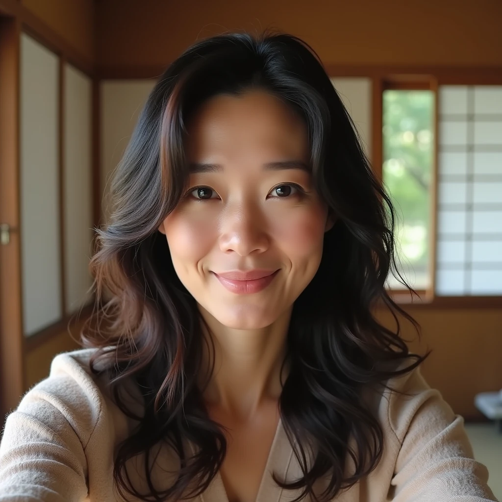 A woman in her 40s taking a selfie in a Japanese-style room。Wavy hair。
Realistic。high resolution。Realistic。Japan women in their 40s。With crow's feet and nasolabial folds。