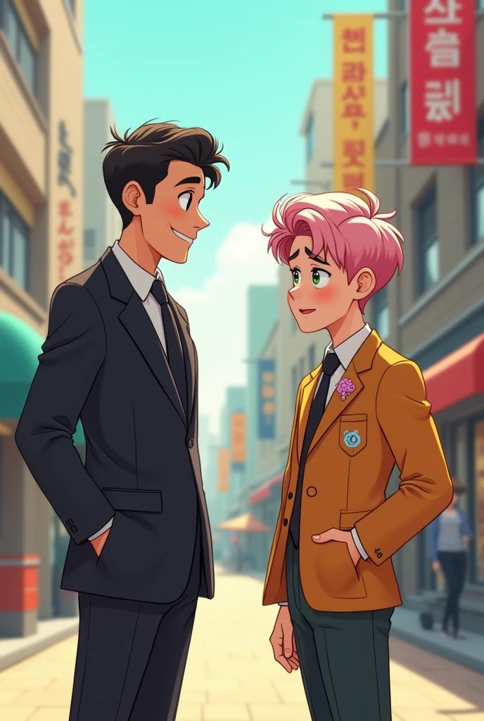 (photorealism:1.2), two men one tall and one   short, they should be Korean, the short one should be wearing cute clothes with warm colors while the tall man should be wearing an formal dress in black color. The tall one should be smirking while looking at the shorter one, while the shorter one has a nervous and scared expression they should be animated like the people in a Webtoons. The short one should have light shade of pink hair with green eyes, while the tall one should have black hair with red streaks in front. 