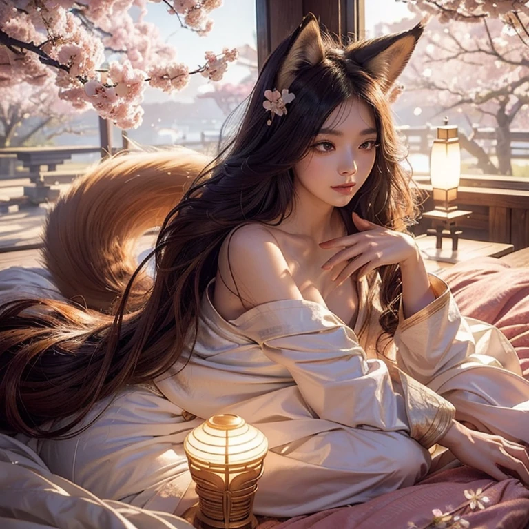 1girl, Kitsune, long flowing hair, fox ears and fox tail Best quality, ultra-detailed,vibrant colors, traditional Japanese art, ethereal atmosphere, mystical aura, captivating beauty, cherry blossoms, enchanting landscape,radiant sunlight, soft glow