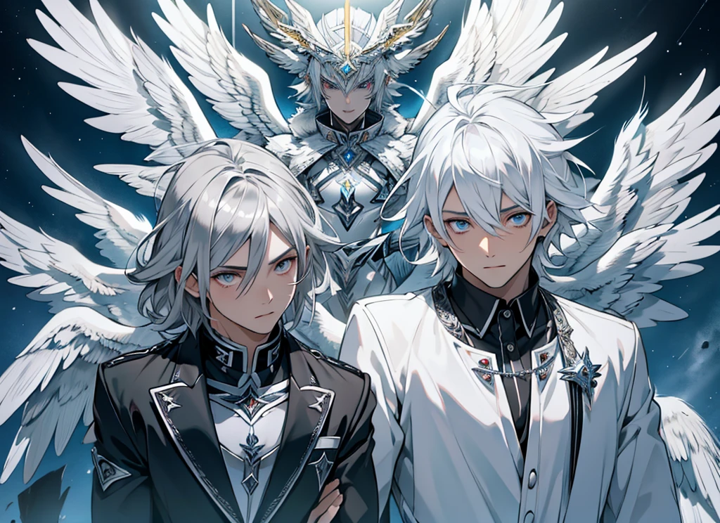 ((Best quality)), HD 4K, Seraphin angel, Angel with six wings, white wings, silver eyes for wings, six wings, silver clothes, appearance of a young man, Short wavy silver hair. Name Metatron silver.