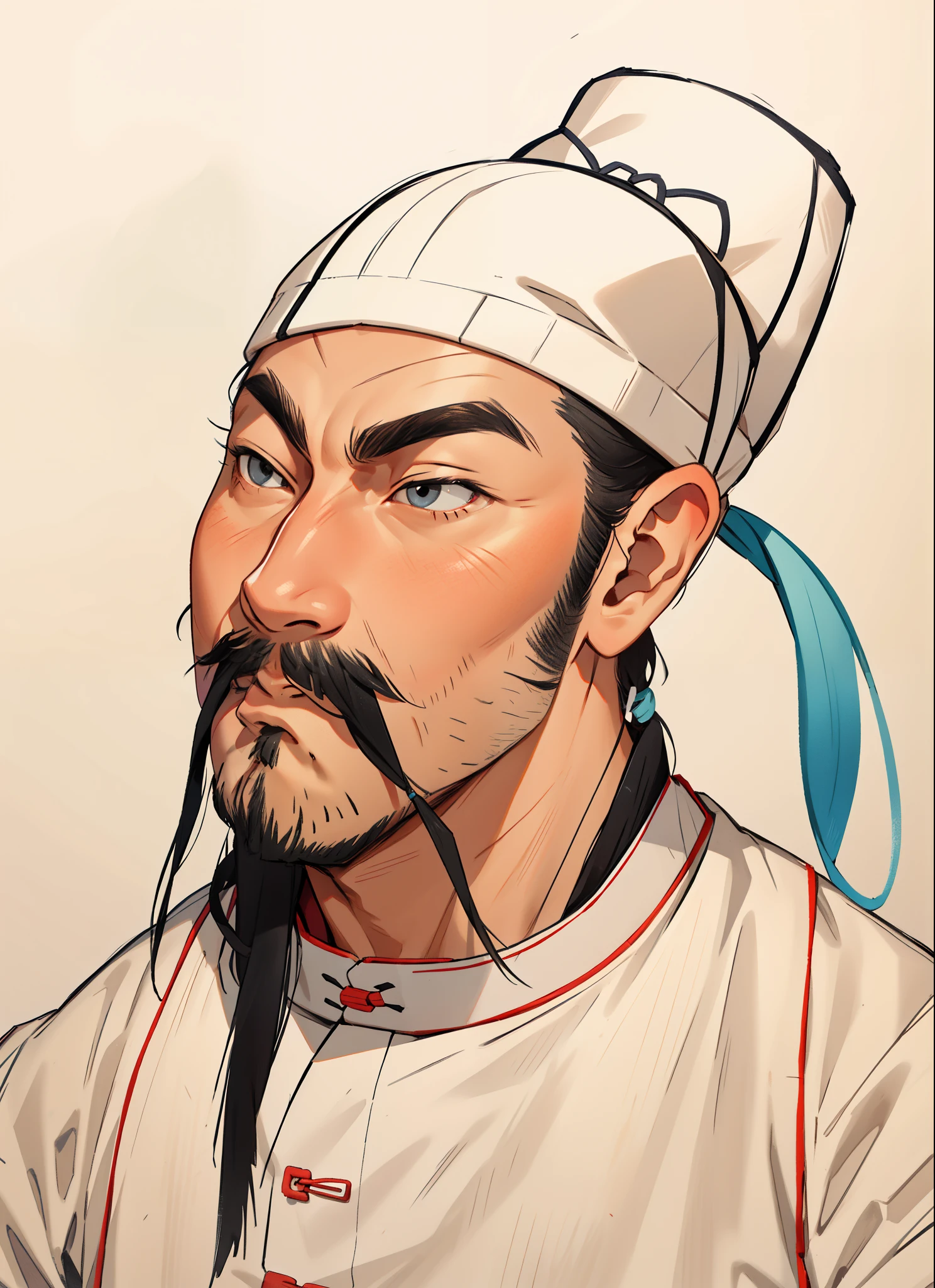 HD, (The finest details), (best quality), Disney, Li Bai，Ancient Chinese poet，1boy，Male focus，solo，Facial hair，hat，traditional media，Black Hair，Moustache，beard，Black headdress，Japanese Clothing，Upper body