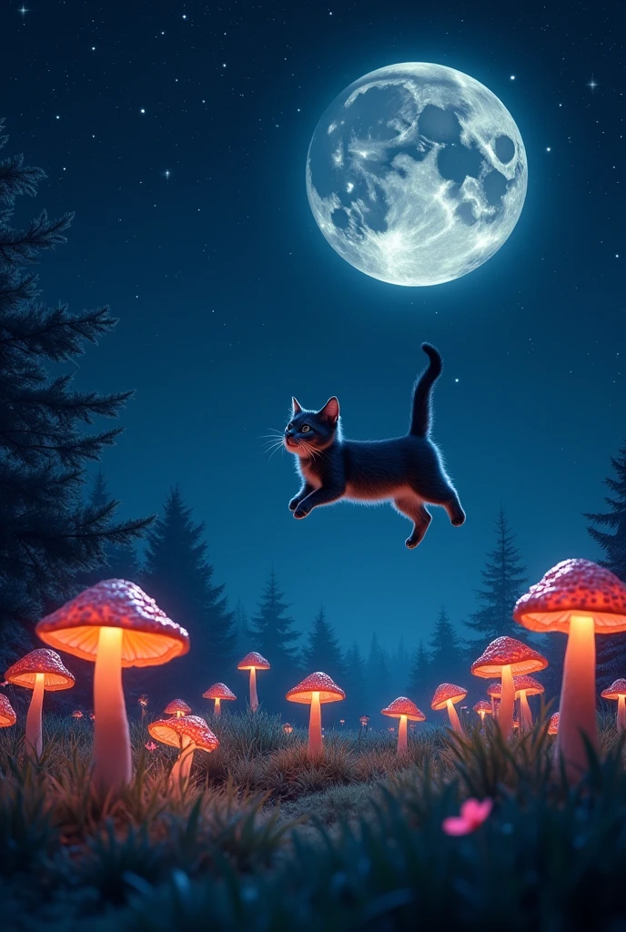 beautiful scenery with cat air graphics, shining stars, shining mushrooms, shining moon, night, intricate, ((masterpiece)), ((detailed)), 8K, 