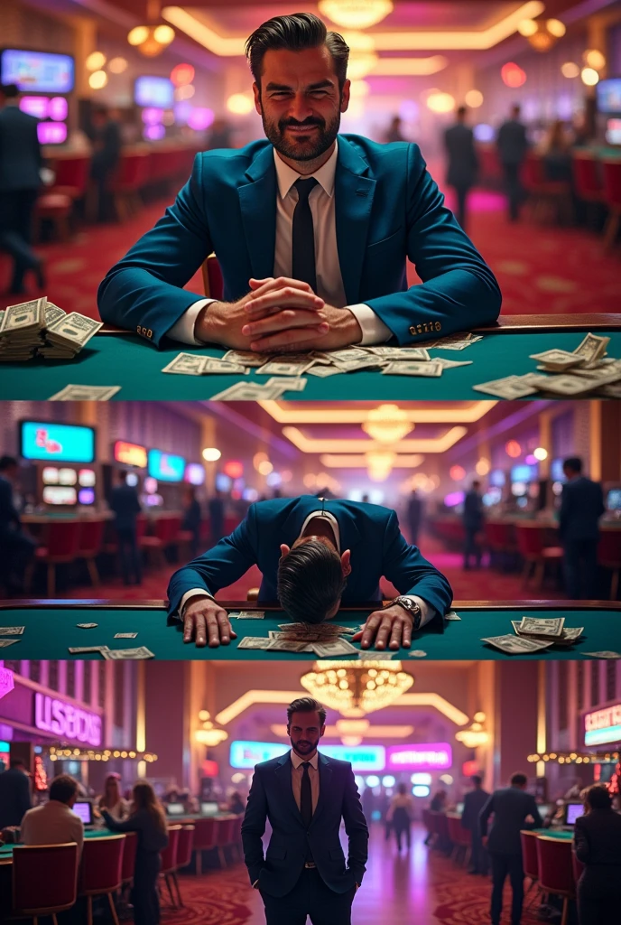 4 images in cartoons Image 1: a man playing casino with a lot of money 
Image 2: the same man but he is crying 
Image 3: the same man but without money money  
Image 4:the same gentleman leaving the casino 