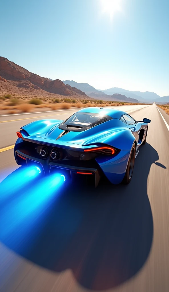 car photography, fast car, need for speed style, race, nitro, blue fire from exhaust, fast speed, motion blured enviroment, photo shot from behind,