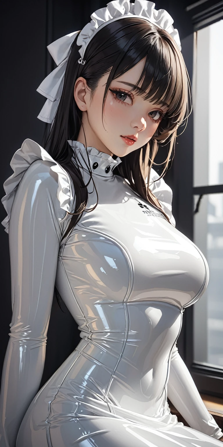 Portraiture、(masterpiece,Highest quality,Ultra-high resolution),Japanese women, (((A very beautiful 25 year old))),(White latex maid outfit)、(White latex long skirt)、(A long-sleeved white latex shirt covering the upper body)、White latex long gloves、White latex socks、Latex bodysuit、The clothes fit snugly to the body、Latex is very shiny、Dark Room、