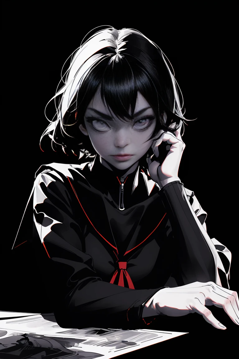 v5lcn style,Ink Art,(Highest quality,Tabletop:1.2),(Black and white comic core:1.1),(extremely high contrast),Dark ink,One Girl,Black-haired,Shadow on face、8k,solve,high school girl,Sailor suit,Only the lips are clearly red