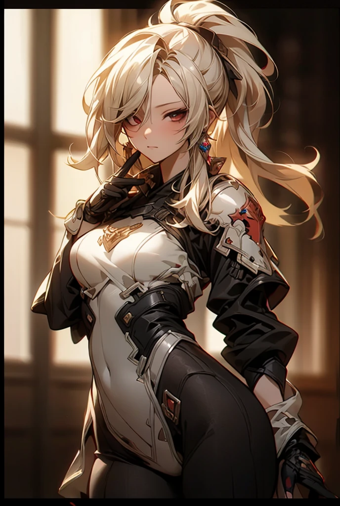 ((best quality)), ((Masterpiece)), (details:1.4), 3d, HDR (high dynamic range), amature woman, Blonde hair, High ponytail, Red eyes, hips up จมูกโด่ง, ปากแดง, หน้าอกใหญ่, nvidia RTX, PBR surface, After processing, Anisotropic filtration,depth of field, Maximum clarity and clarity, multi-layered surface, Subsurface scattering, perfect proportions, 8K raw files, ความละเอียดสุดยอด, Unreal 5, Perfect proportions, Octane Render, Two-tone lighting, Wide aperture, Low ISO, รายละเอียดดวงตา, Holy Knight, Heavy Red armor, jewely, ต่างหู