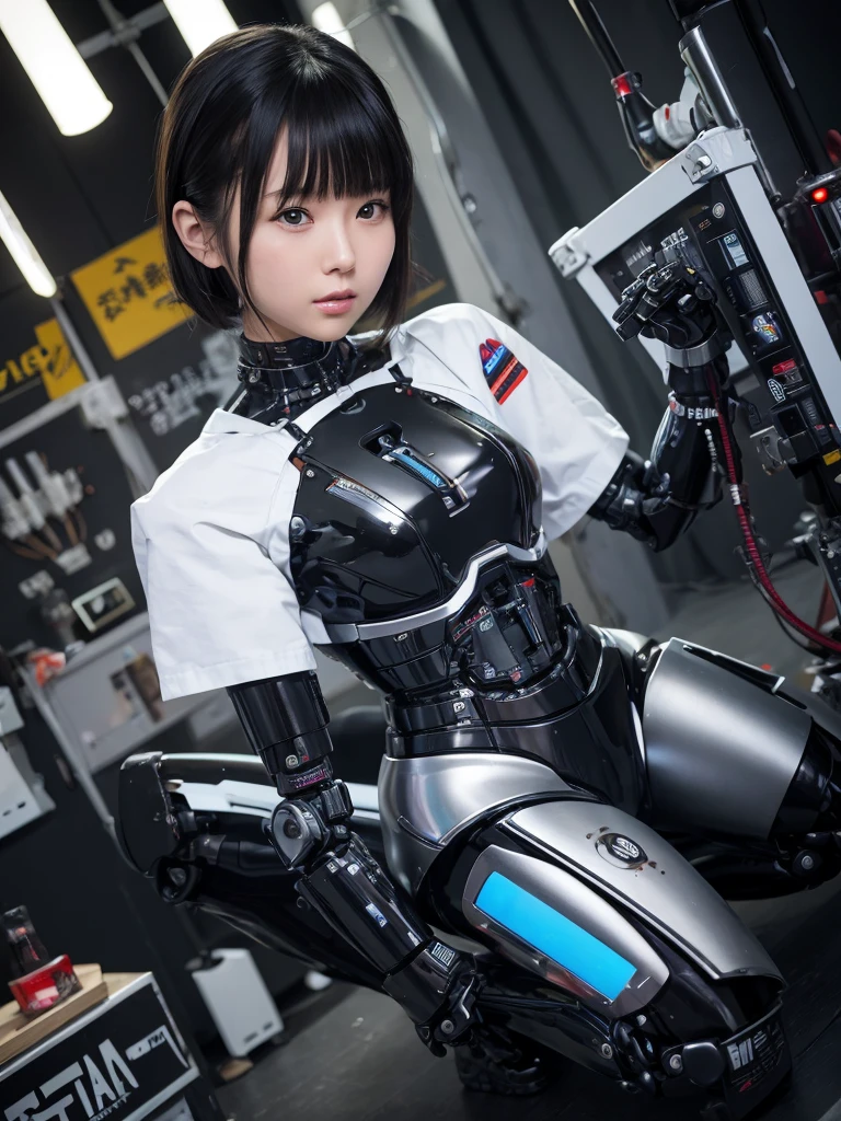 masterpiece, Highest quality, Very detailed, Japaese アンDroid girl,Portraiture,Plump,Thick,Control panel,アンDroid,Droid,Mechanical Hand, robotの腕と脚, Black Hair,Blunt bangs,perfect robot girl,Long tube,A thick cable was attached to her neck.,アンDroid,robot,humanoid,cyborg,japanese cyborg girl ,robot-assembly plant,She is now assembling,Assembly scene,Chubby,Squat