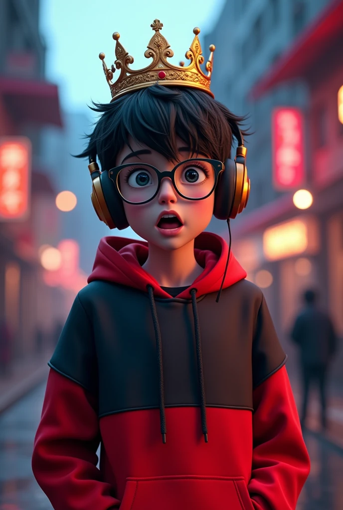 Create a high-definition, high-contrast, and high-color saturation RenderMan image of a teenage boy with black hair, wearing a red and black hoodie. He's equipped with cool gaming headphones, epic pro glasses, and a crown. The boy is looking slightly to the left with a shocked
expression." With full body