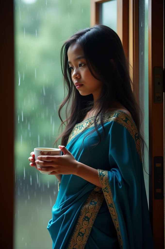 A girl, tanned skin, wearing a blue saree, white blouse, long black hair,open hair,Asian style, beautiful, entering room with a cup of tea in hand, raining outside the window