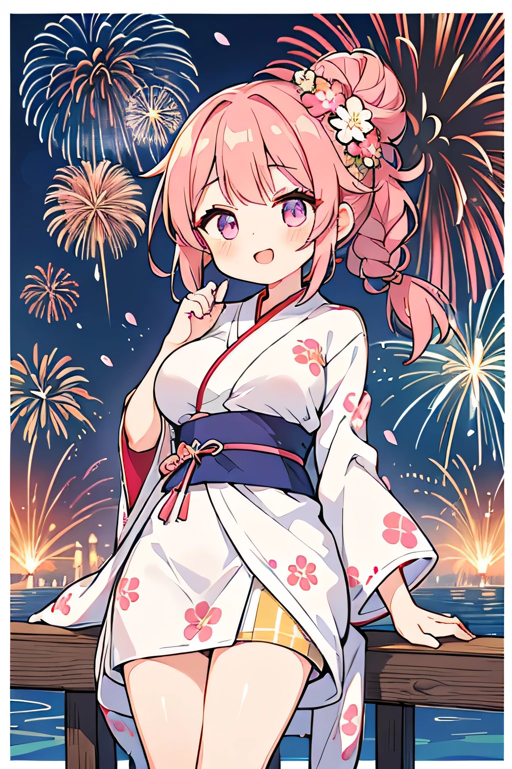 Highest quality、High resolution、Detailed Background、Teenage beauty、(Beautiful face in every detail:1.4)、Anatomically correct、(Normal number of fingers:1.2)、Detailed facial expressions、(Highly detailed face:1.2)、(Huge breasts:1.2)、well-groomed eyebrows、A big smile、smile、cute gesture、Lake Biwa、Fireworks display、
(A beautiful girl with fireworks in the background:1.5)、
We recommend yukata with summery patterns and materials.、Yukata with elegant peony and cherry blossom patterns are popular.、red、pink、Vibrant colors such as purple give a cool feeling、
Stars and Moon、The goldfish and other patterns are also cute.、From calm colors、From brightly colored、Obi and geta、Add an accent color to your accessories、
Festive braided hairstyles are adorable、Adding vibrant decorations is a great way to express your individuality、
Loose buns or half-up styles are recommended for easy movement、
Lake Biwa Fireworks display、Fireworks will be launched over the surface of Lake Biwa.、The view of the fireworks reflected on the lake is breathtaking and a popular viewing spot、Panty Shot、cute
