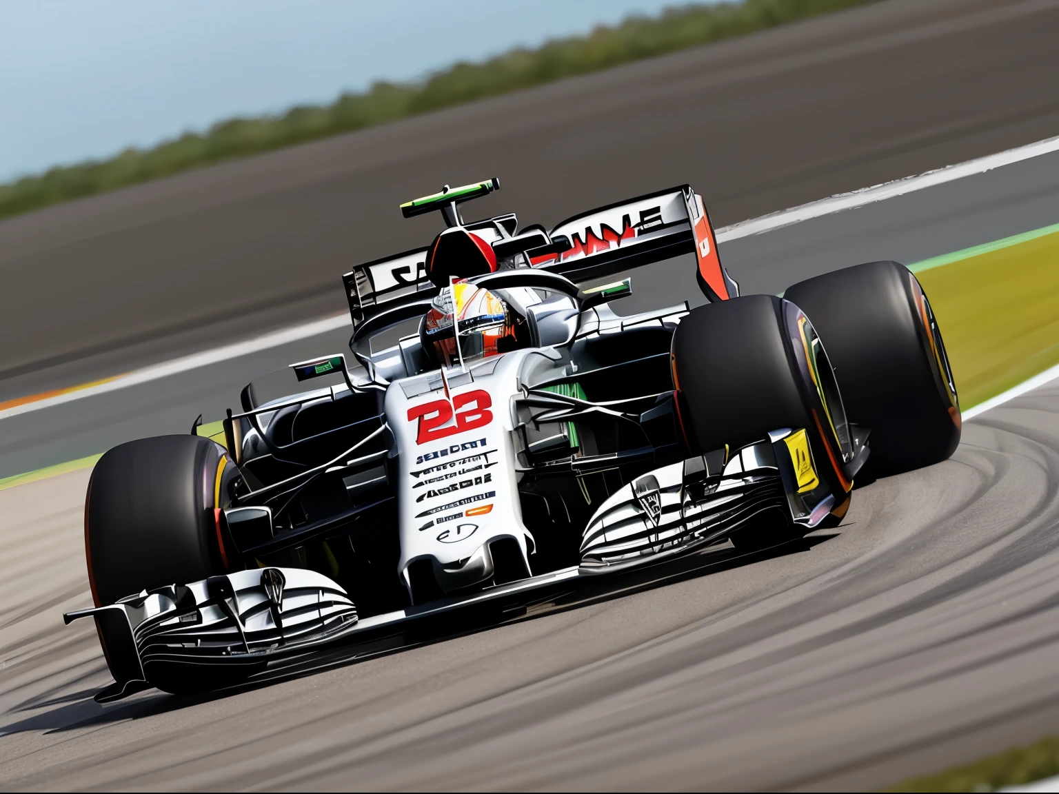 A high-speed F1 race car on a racetrack, with blurred motion effects to emphasize the speed. The car is sleek and aerodynamic, painted in vibrant colors, with sponsor logos on its body. The background shows a curved section of the track with grandstands filled with cheering spectators, and the sky is clear and bright, capturing the intensity and excitement of the race. The image is highly detailed and photorealistic, capturing the motion and energy of the F1 car in a dramatic racing scene.