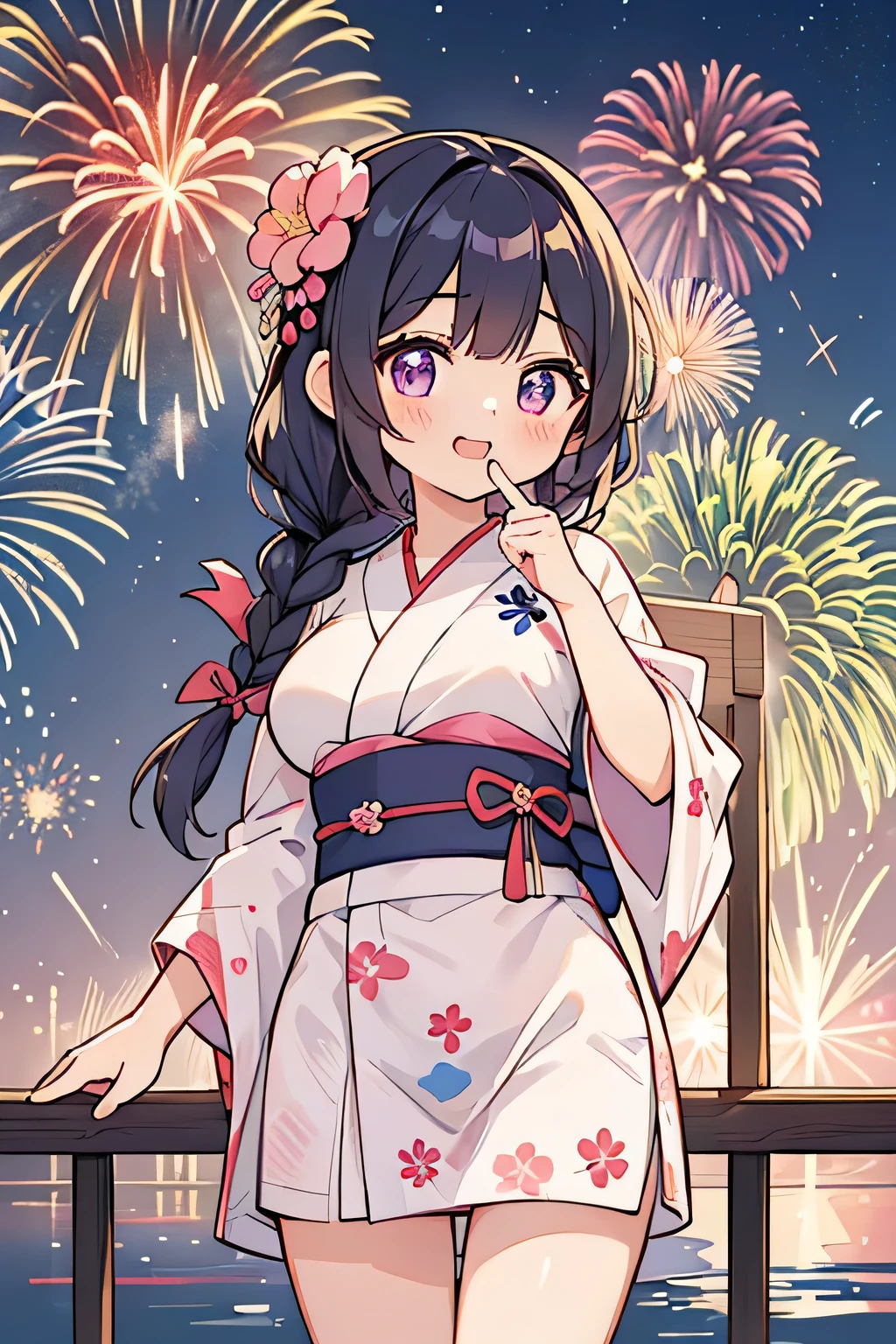 Highest quality、High resolution、Detailed Background、Teenage beauty、(Beautiful face in every detail:1.4)、Anatomically correct、(Normal number of fingers:1.2)、Detailed facial expressions、(Highly detailed face:1.2)、(Huge breasts:1.2)、well-groomed eyebrows、A big smile、smile、cute gesture、Lake Biwa、Fireworks display、

(A beautiful girl with fireworks in the background:1.5)、

We recommend yukata with summery patterns and materials.、Yukata with elegant peony and cherry blossom patterns are popular.、red、pink、Vibrant colors such as purple give a cool feeling、
Stars and Moon、The goldfish and other patterns are also cute.、From calm colors、From brightly colored、Obi and geta、Add an accent color to your accessories、

Festive braided hairstyles are adorable、Adding vibrant decorations is a great way to express your individuality、
Loose buns or half-up styles are recommended for easy movement、
Lake Biwa Fireworks display、Fireworks will be launched over the surface of Lake Biwa.、The view of the fireworks reflected on the lake is breathtaking and a popular viewing spot、Panty Shot、cute