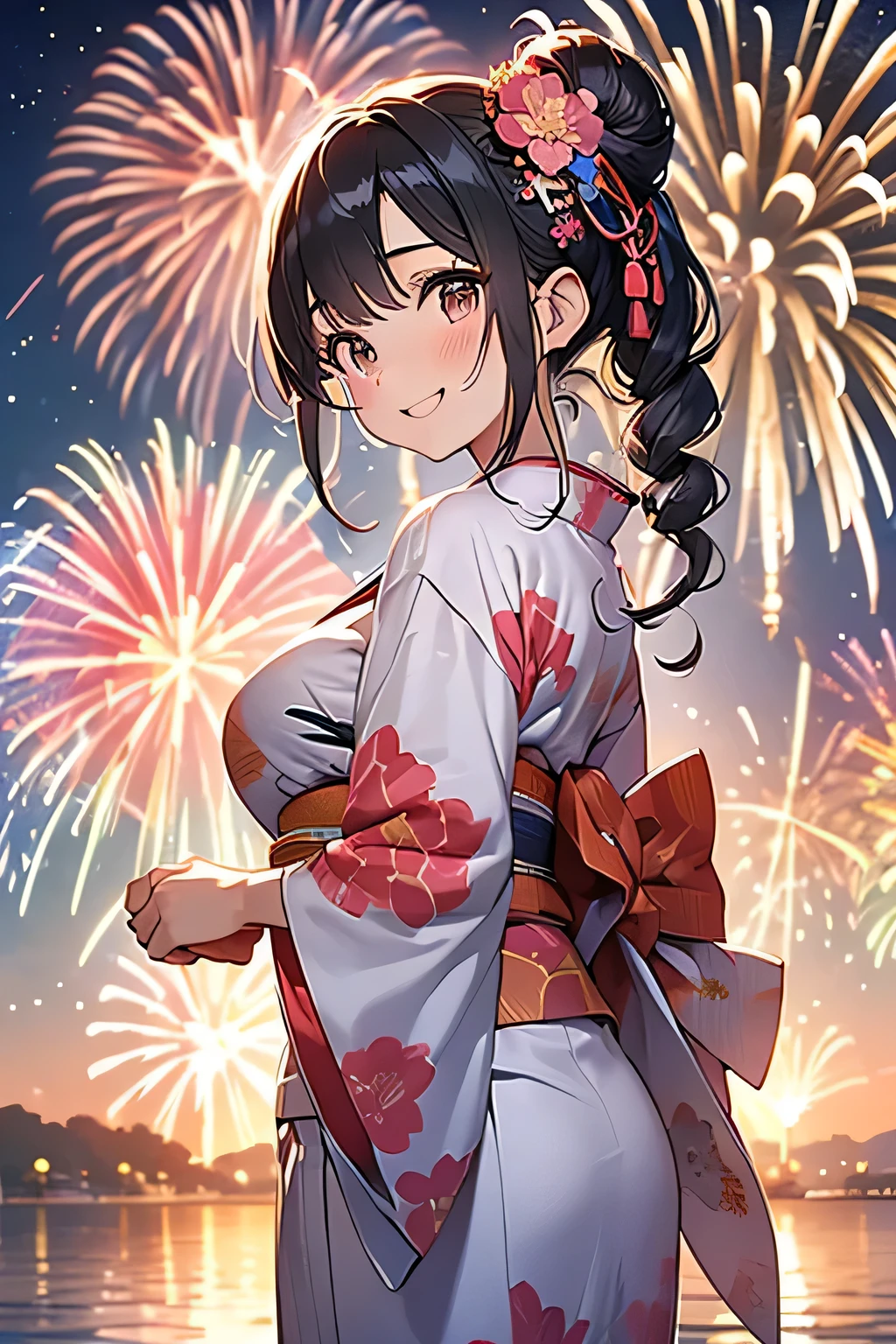 Highest quality、High resolution、Detailed Background、age beauty、(Beautiful face in every detail:1.4)、Anatomically correct、(Normal number of fingers:1.2)、Detailed facial expressions、(Highly detailed face:1.2)、(Huge breasts:1.2)、well-groomed eyebrows、A big smile、smile、cute gesture、Lake Biwa、Fireworks display、
(A beautiful girl with fireworks in the background:1.5)、
We recommend yukata with summery patterns and materials.、Yukata with elegant peony and cherry blossom patterns are popular.、red、pink、Vibrant colors such as purple give a cool feeling、
Stars and Moon、The goldfish and other patterns are also cute.、From calm colors、From brightly colored、Obi and geta、Add an accent color to your accessories、
Festive braided hairstyles are adorable、Adding vibrant decorations is a great way to express your individuality、
Loose buns or half-up styles are recommended for easy movement、
Lake Biwa Fireworks display、Fireworks will be launched over the surface of Lake Biwa.、The view of the fireworks reflected on the lake is breathtaking and a popular viewing spot、Panty Shot、cute