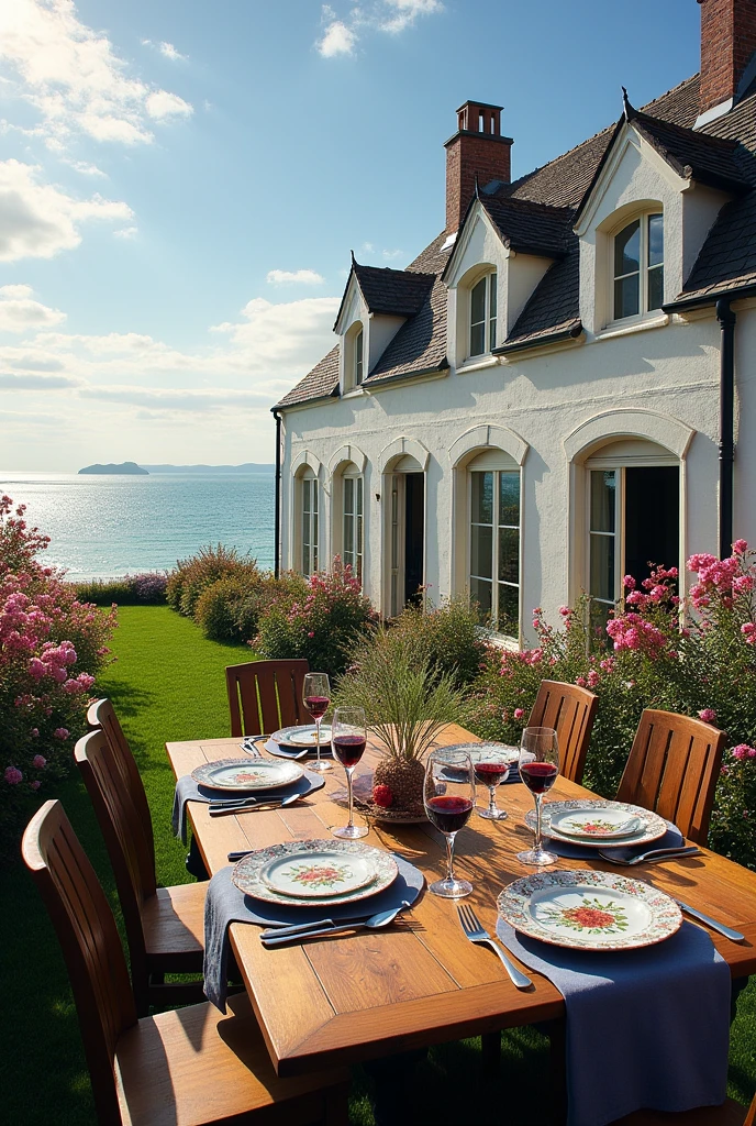 Créez une image d’une maison en bord de mer située en Normandie, France, avec une architecture traditionnelle normande, comprenant des poutres en bois blanc, plusieurs étages, et de grandes baies vitrées ouvertes face à la mer. La maison est entourée d’un magnifique jardin fleuri. Au milieu du jardin, une grande table en bois est dressée, assortie de chaises élégantes qui complètent le style normand de la maison. Sur la table, il y a de jolies assiettes, des verres de vin rouge, et une belle cou
