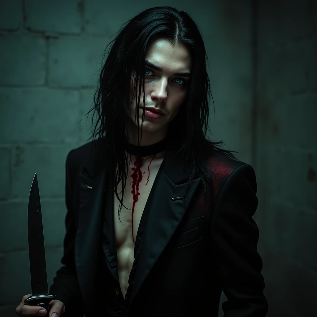 A sexy young male with delicate facial features, black long hair, teal blue eyes. Wearing full Gothic clothes. Holding a knife in his hand. He's wanted a serial killer. (((No facial or body hair))) (Male) (Black and red) (Smirking maliciously) (malicious) smirking and narrowing his eyes with a malicious expression. (((Seductive))) Blood
