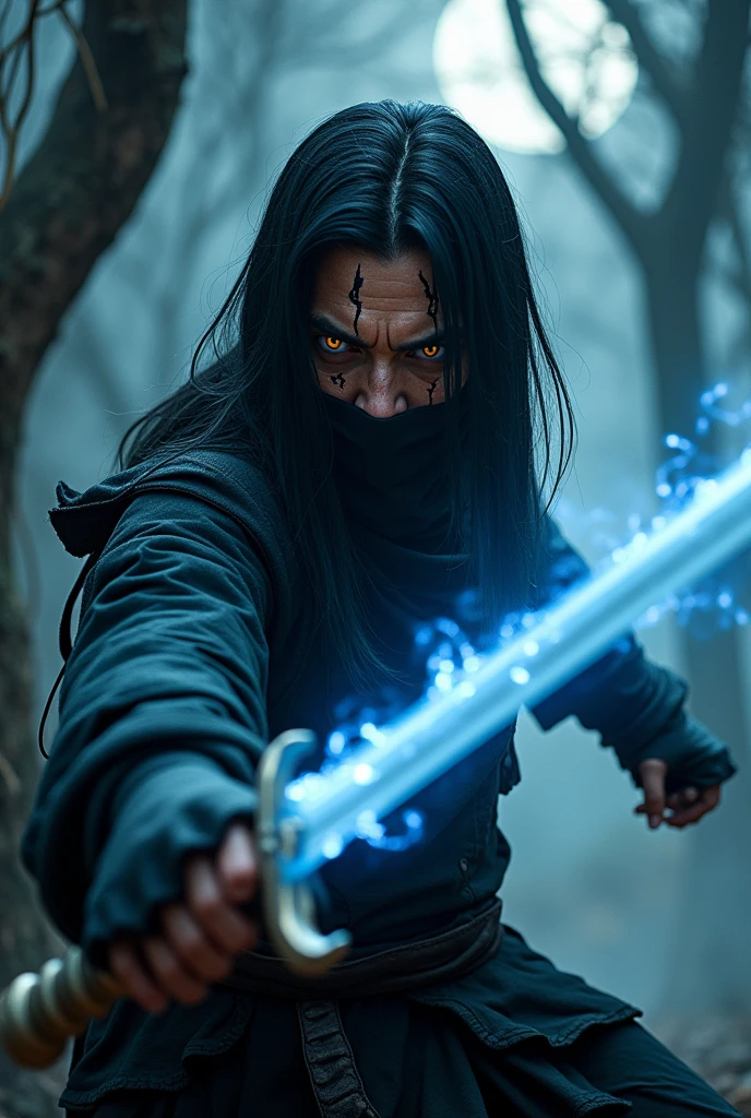 A ninja with a disfigured face, yellow  eyes, Bblack hair, with a shock sword