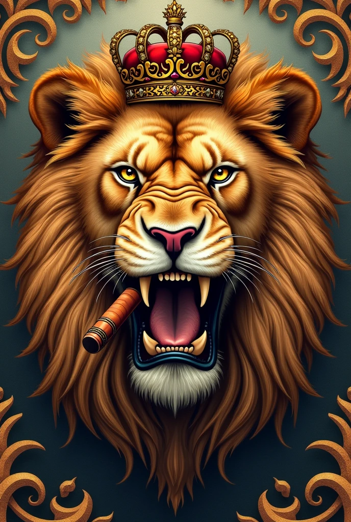 tattoo of a lion with a crown and a cigar in its mouth