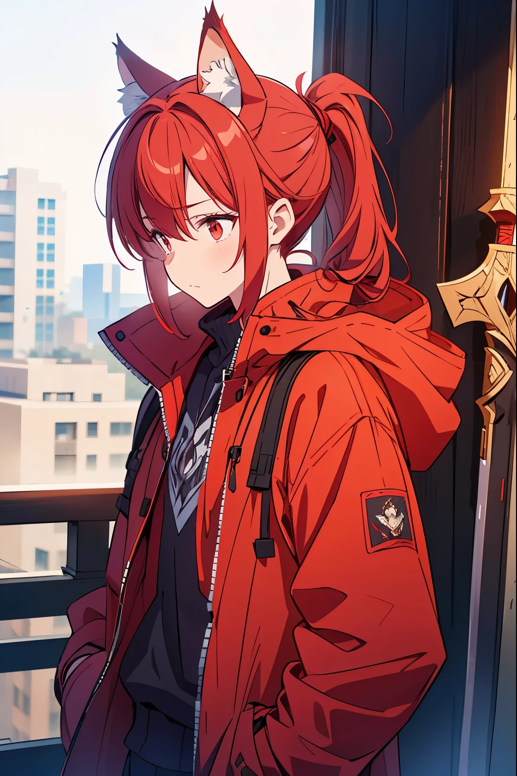 A high school boy with wolf ears, red hair in a ponytail, wearing a red open parka, holding a sword, looking down with sad eyes, with his whole body in the picture.