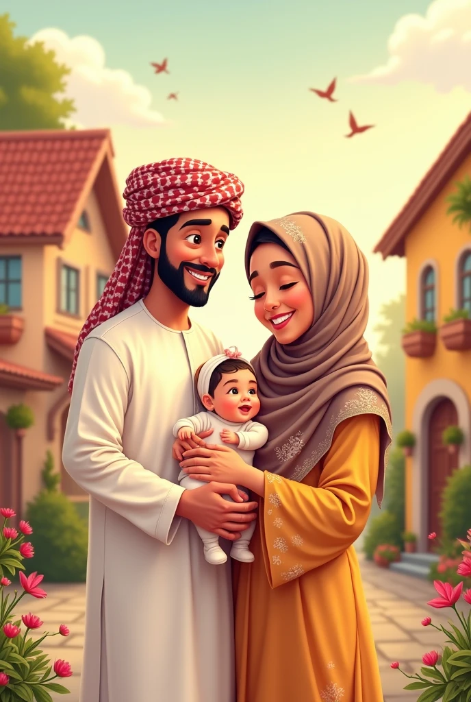 Cartoon Muslim couple holding newborn baby girl