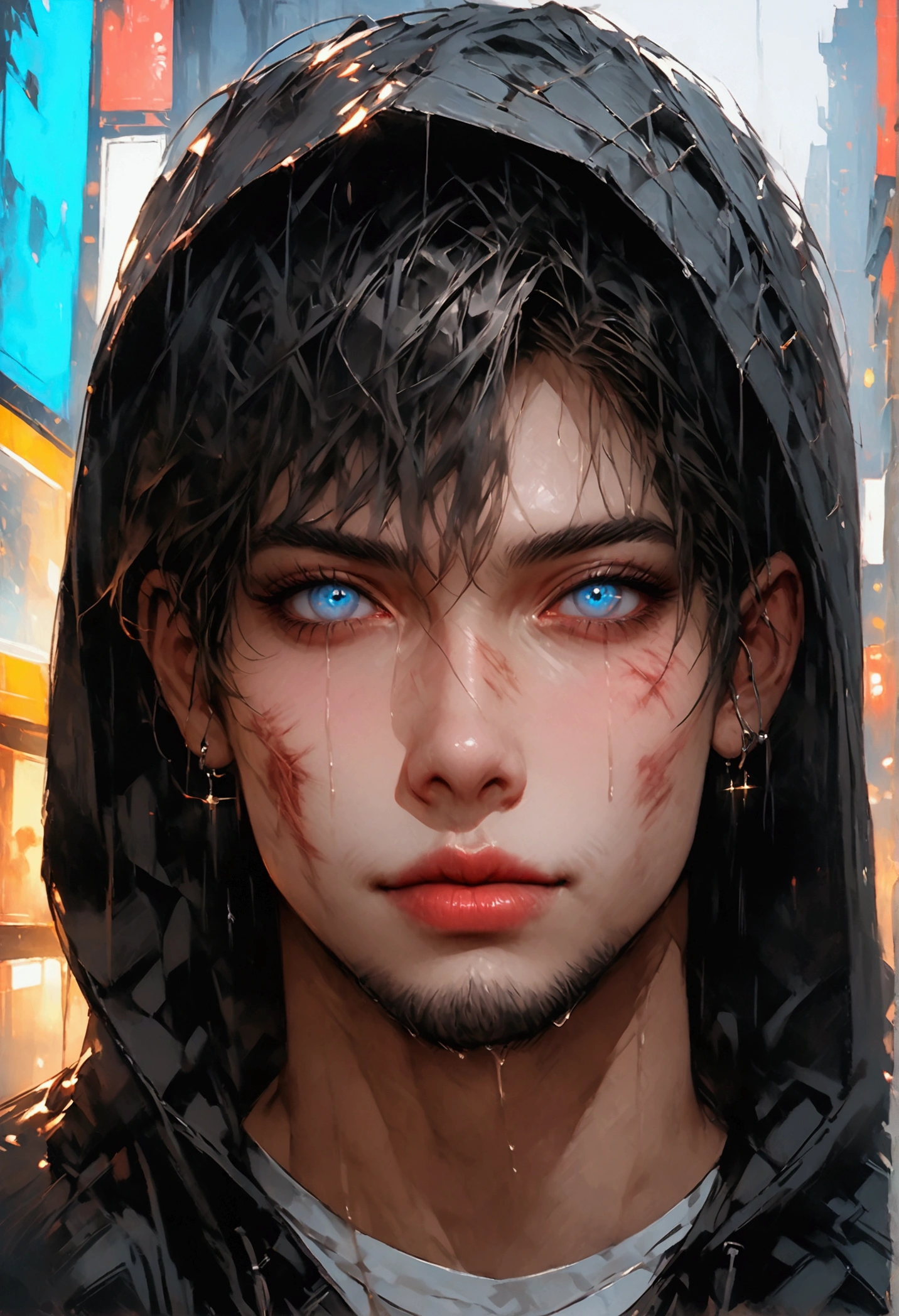 Realistic Digital Painting with Concept Art Elements"," digital painting," "concept art," "realistic," "high detail", "muscular",, "high-res", "ominous aura,", "8k resolution", "oil painting", "darker tone" , "little saturation" ,"dark feeling", "concept art" , "detailed features" , "detailed eyes" "1man" , "wide smile" , "head tiled a little" , "dangerous" , scarred face" , "black hoodie" , "ripped jeans" , "dangerous" , "stalker" , "tinder dare gone wrong" , "modern era" , "non-fiction" "entire body visible" , "blue eyes" , "Tokyo background" , "nighttime" , "raining" " drenched", "muscular" , "upper body"