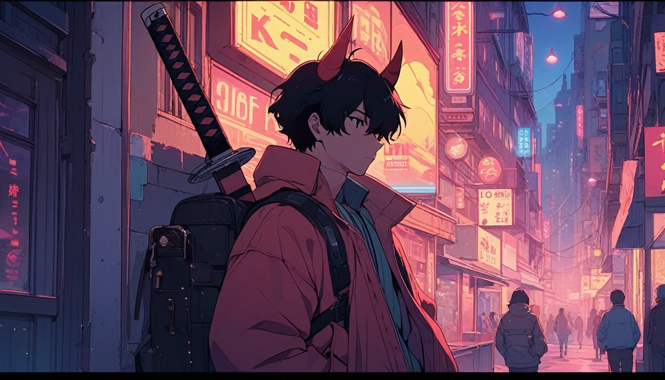 alone, lofi artstyle, lofi art, city, town, 80s anime style, Retro, Lo-Fi, masterpiece, best quality, (extremely detailed CG unity 8k wallpaper), (best quality), (best illustration), (best shadow), absurdres, realistic lighting, (Abyss), beautiful detailed glow, lofi boy, solo, black hair, 1boy, jacket, upper body, weapon, male focus, horns, sword, mask, katana, hands in pockets, weapon on back