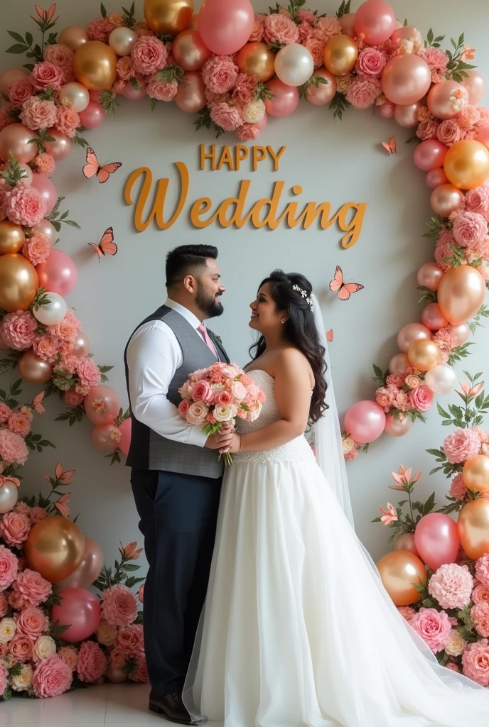 Real couple pinay Pinoy wedding semi chubby with name wall "Happy wedding Domingo & Contreras" background flowers shape Heart baloons butterflies