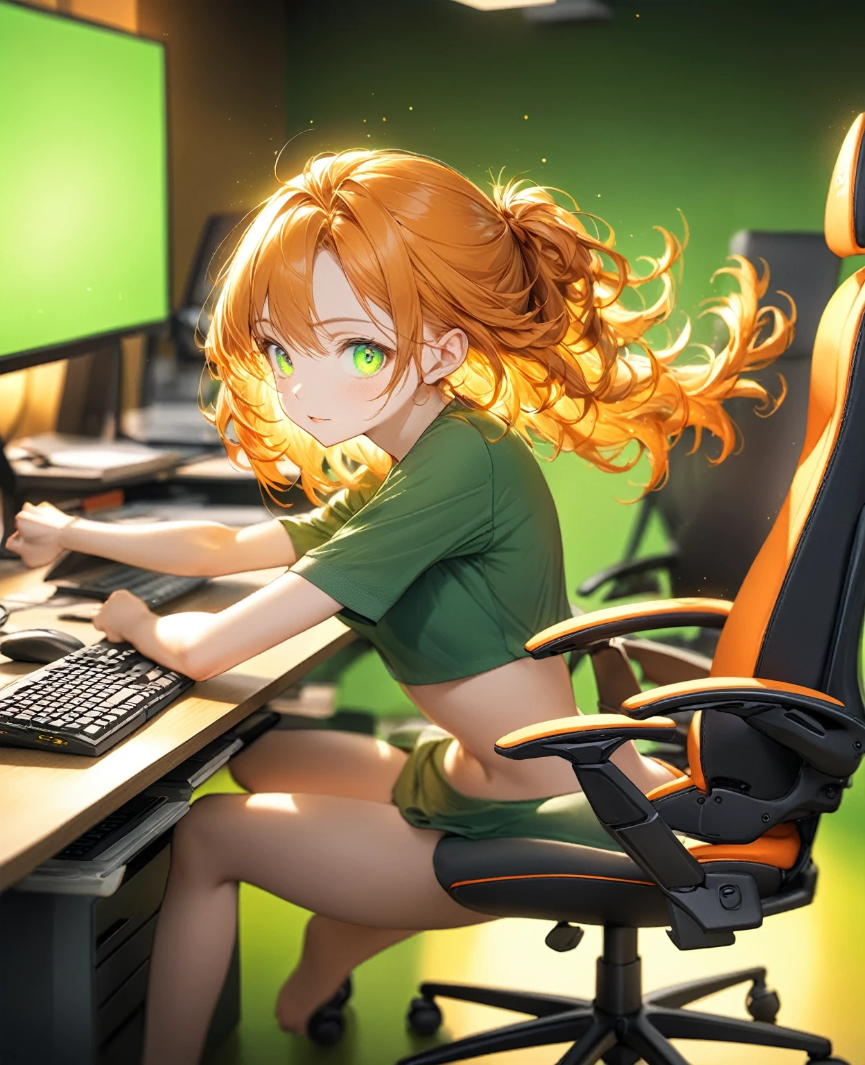 (Highest quality,8k,32K,masterpiece,Ultra-high resolution :1.2 ),born,One person,Super cute,Natural light,Clear, shining eyes,20-year-old,Fair skin,Company PC,Office desk fantasy background,Orange Hair,Glowing green eyes,Fluorescent Orange Background,Orange PC,Stretching,Gaming Chair