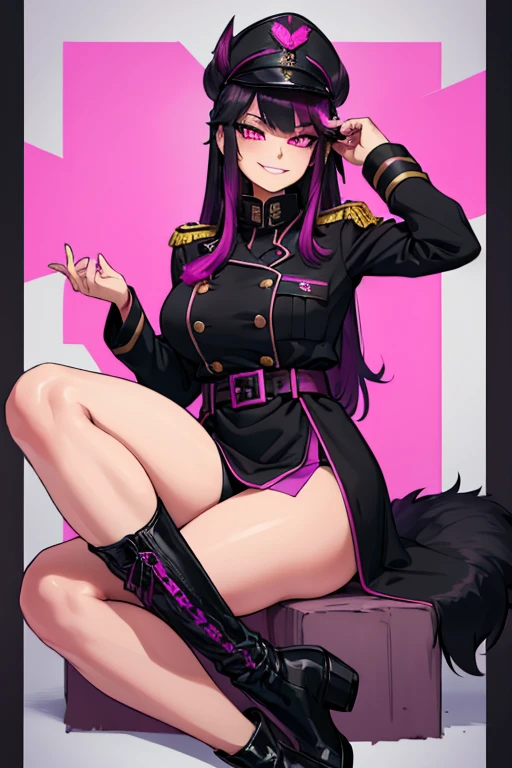 female, black long hair with magenta trim, silver eyes, wolf ears, wolf tail, (((1girl))), (((black and magenta military uniform))), (military general cap), (black belt), (black thigh high boots), cute and sexy, full body, large breasts, long legs, smiling