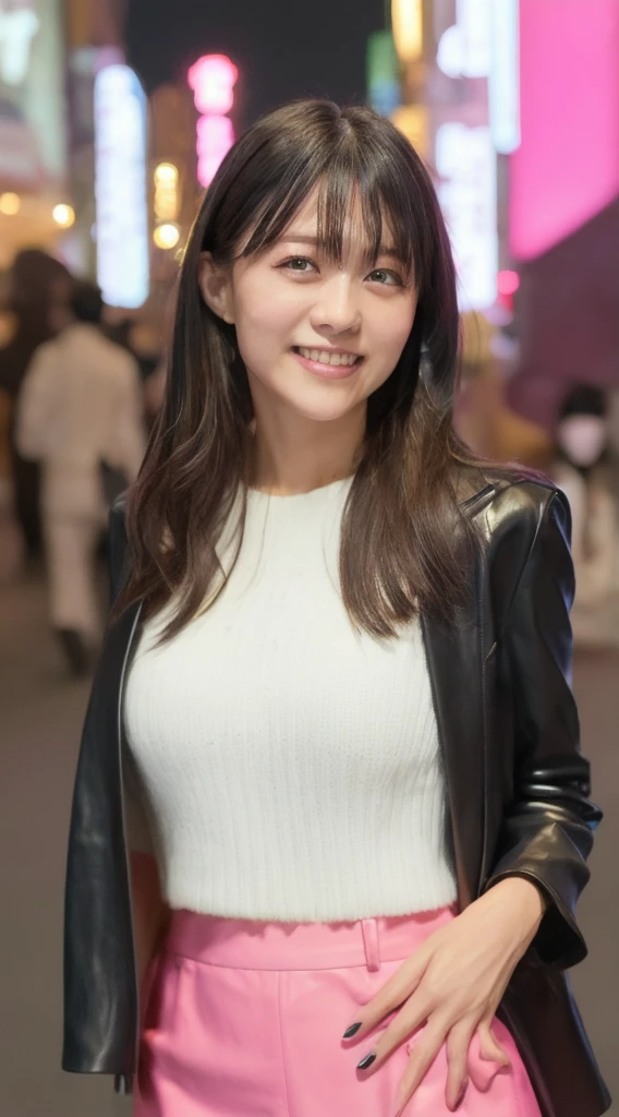 (((Yumikanok))),((Best quality, 8k, Masterpiece :1.3)), 1girl, smiling, full body, slim face, Pretty woman, (Dark brown hair), Thight Leather pink suit,pink short tight skirt, Ultra-detailed face, Detailed eyes, Double eyelid,  bokeh background, slim face, night city, neon light,outside, tokyo street,japan