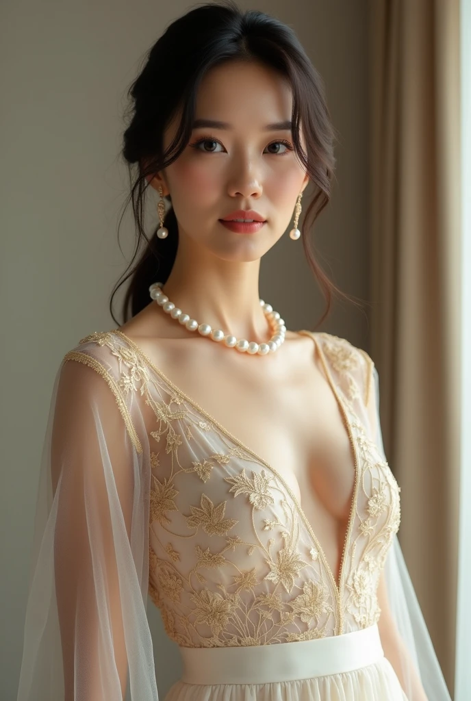 Elegant mature young woman standing naked。Full body front view、Asian、The skin is relatively white、Luxurious clothing、Silky transparent lace on the clothes、Gold wire trim、Jewelry decoration、A pearl necklace hangs around her neck。showing off female genitals。I don't wear underwear
