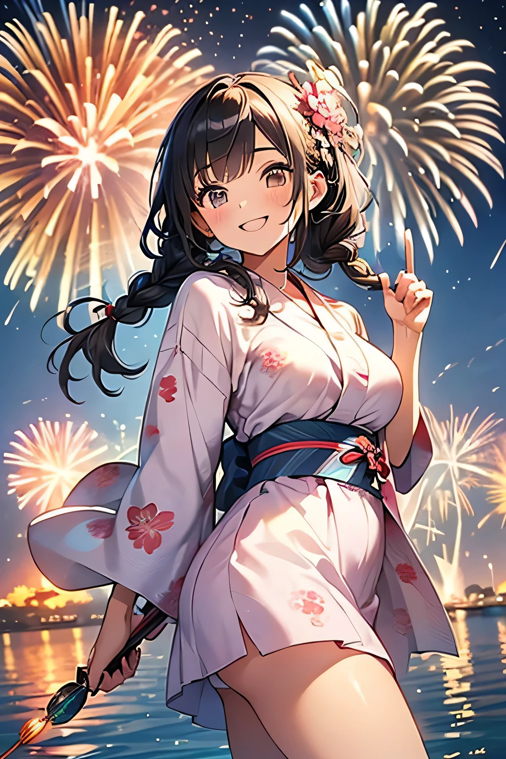 Highest quality、High resolution、Detailed Background、Teenage beauty、(Beautiful face in every detail:1.4)、Anatomically correct、(Normal number of fingers:1.2)、Detailed facial expressions、(Highly detailed face:1.2)、(Huge breasts:1.2)、well-groomed eyebrows、A big smile、smile、cute gesture、Lake Biwa、Fireworks display、
(A beautiful girl with fireworks in the background:1.5)、
We recommend yukata with summery patterns and materials.、Yukata with elegant peony and cherry blossom patterns are popular.、red、pink、Vibrant colors such as purple give a cool feeling、
Stars and Moon、The goldfish and other patterns are also cute.、From calm colors、From brightly colored、Obi and geta、Add an accent color to your accessories、
Festive braided hairstyles are adorable、Adding vibrant decorations is a great way to express your individuality、
Loose buns or half-up styles are recommended for easy movement、
Lake Biwa Fireworks display、Fireworks will be launched over the surface of Lake Biwa.、The view of the fireworks reflected on the lake is breathtaking and a popular viewing spot、Panty Shot、cute