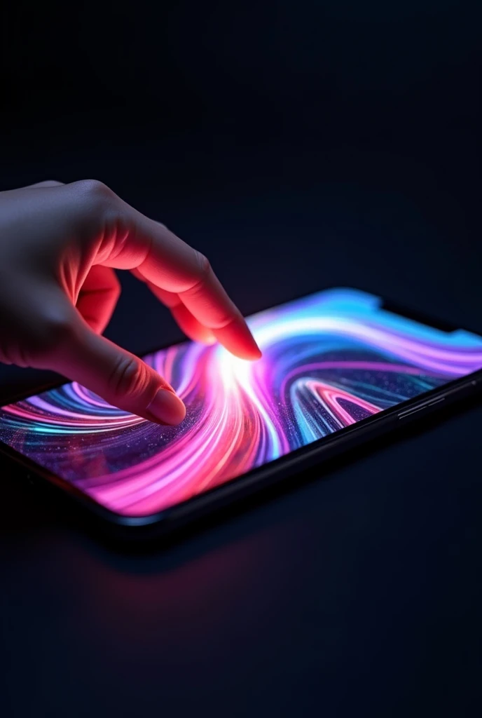 iphone 15 pro max, with 4k hd result, showing beautiful colorfull abstract image, girl fingure glazed touch on it,touch is highlited like glowing light
,dark background