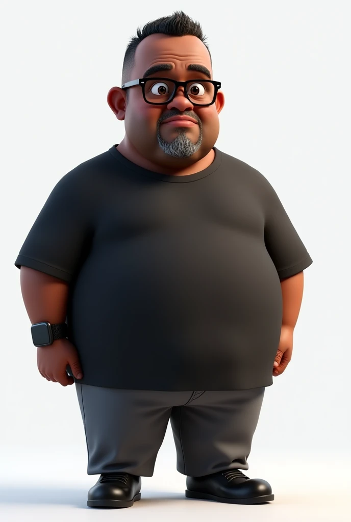 Create a full-body stylized 3D cartoon character of a middle-aged black man with a slightly overweight build. Render the character in a 'Pixar-like' or '3D Cartoon' style using 'Arnold Maya' or 'Keyshot Toon' engines for high-quality animation. Ensure the rendering includes detailed textures, detailed skin, a clay-like finish, and bokeh effects at 8K resolution (or the highest available). Use cinematic lighting with soft, diffused light to enhance skin details, and set the focus to be sharp, with the character fully in focus, and apply bokeh effects if there's any background (which should be transparent). Position the camera at a frontal angle to capture the character's face and full body. The character should have a serious expression, very short straight hair without a topknot, a trimmed and sparse beard with white hairs on the chin, two prominent vertical wrinkles on the forehead between the eyebrows, and a dark brown skin tone with a warm undertone. He should be equipped with modern black reading glasses, an oversized black t-shirt, dark gray pants without a belt, and a black smartwatch on his wrist.