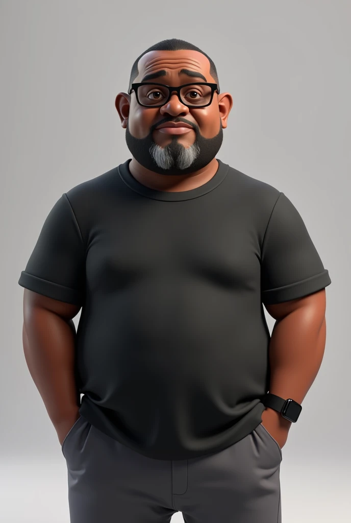 Create a full-body stylized 3D cartoon character of a middle-aged black man with a slightly overweight build. Render the character in a 'Pixar-like' or '3D Cartoon' style using 'Arnold Maya' or 'Keyshot Toon' engines for high-quality animation. Ensure the rendering includes detailed textures, detailed skin, a clay-like finish, and bokeh effects at 8K resolution (or the highest available). Use cinematic lighting with soft, diffused light to enhance skin details, and set the focus to be sharp, with the character fully in focus, and apply bokeh effects if there's any background (which should be transparent). Position the camera at a frontal angle to capture the character's face and full body. The character should have a serious expression, very short straight hair without a topknot, a trimmed and sparse beard with white hairs on the chin, two prominent vertical wrinkles on the forehead between the eyebrows, and a dark brown skin tone with a warm undertone. He should be equipped with modern black reading glasses, an oversized black t-shirt, dark gray pants without a belt, and a black smartwatch on his wrist.