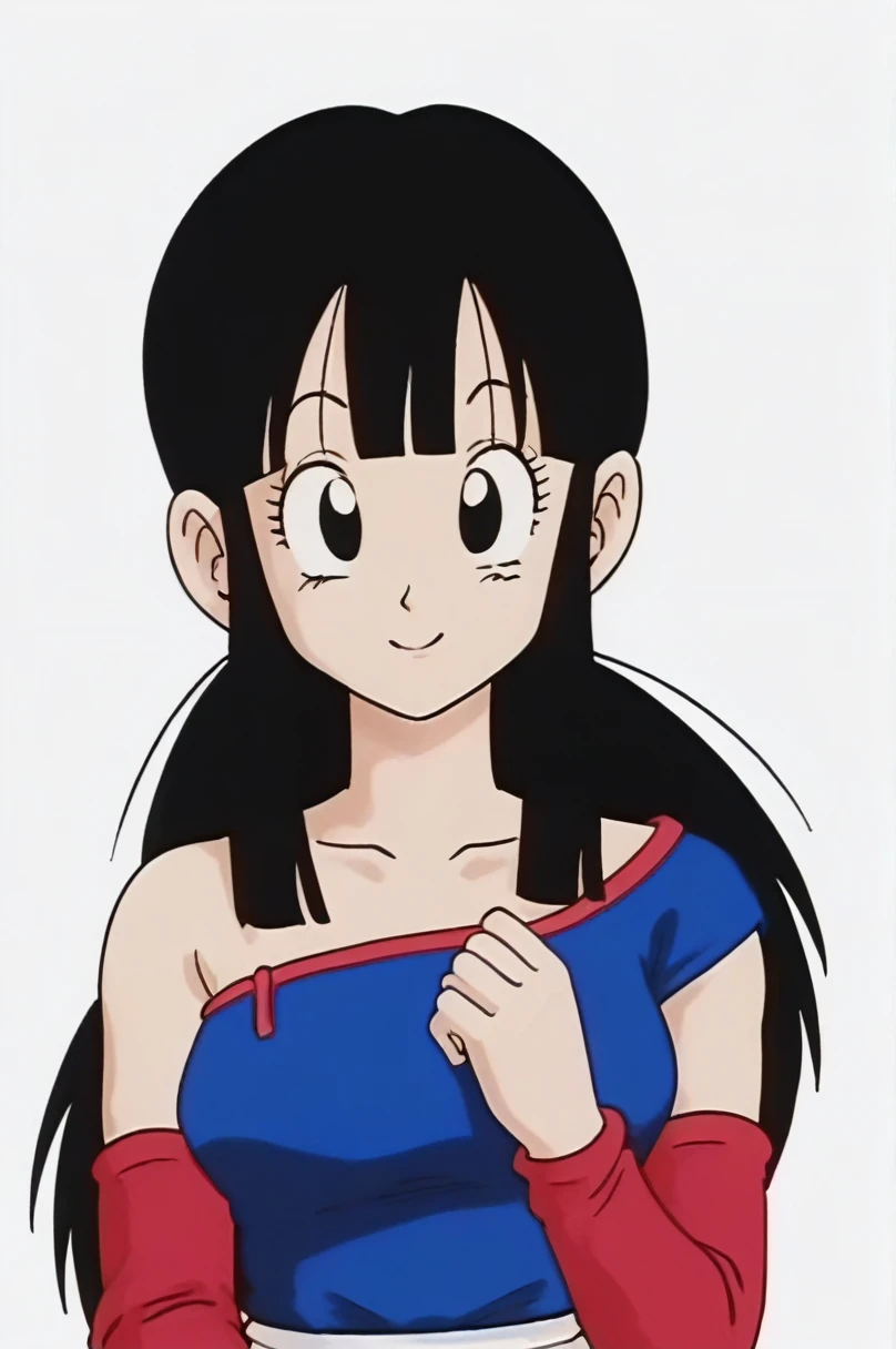 sauce_anime, score_9, score_8_superior, score_7_superior, anime screencap,8k, Absurd,
Who is who?, One person, alone, Long Hair, chest, View your viewers, smile, bangs, Simple Background, Black Hair, White Background, Blue clothes, Exposing shoulders, medium chest, ponytail, Side Lock, No sleeve, Recall, Red trousers, blunt bangs, Iris, eyelash, Wedding dress