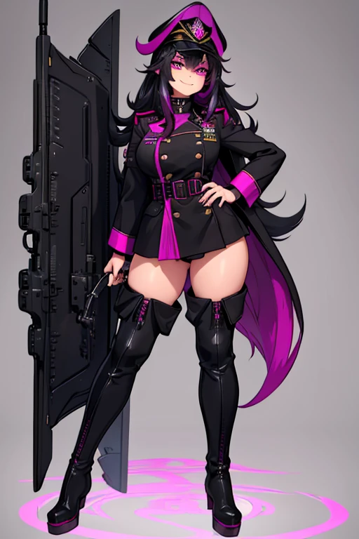 female, black long hair with magenta trim, silver eyes, wolf ears, wolf tail, (((1girl))), (((black and magenta military uniform))), (military general cap), (black belt), (black thigh high boots), cute and sexy, full body, large breasts, long legs, smiling