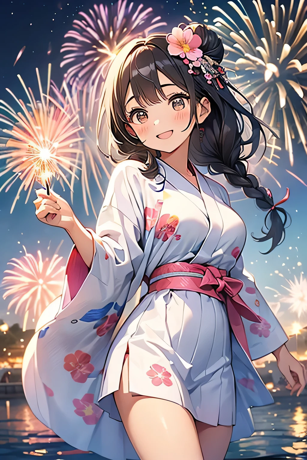Highest quality、High resolution、Detailed Background、Teenage beauty、(Beautiful face in every detail:1.4)、Anatomically correct、(Normal number of fingers:1.2)、Detailed facial expressions、(Highly detailed face:1.2)、(Huge breasts:1.2)、well-groomed eyebrows、A big smile、smile、cute gesture、Lake Biwa、Fireworks display、
(A beautiful girl with fireworks in the background:1.5)、
We recommend yukata with summery patterns and materials.、Yukata with elegant peony and cherry blossom patterns are popular.、red、pink、Vibrant colors such as purple give a cool feeling、
Stars and Moon、The goldfish and other patterns are also cute.、From calm colors、From brightly colored、Obi and geta、Add an accent color to your accessories、
Festive braided hairstyles are adorable、Adding vibrant decorations is a great way to express your individuality、
Loose buns or half-up styles are recommended for easy movement、
Lake Biwa Fireworks display、Fireworks will be launched over the surface of Lake Biwa.、The view of the fireworks reflected on the lake is breathtaking and a popular viewing spot、Panty Shot、cute