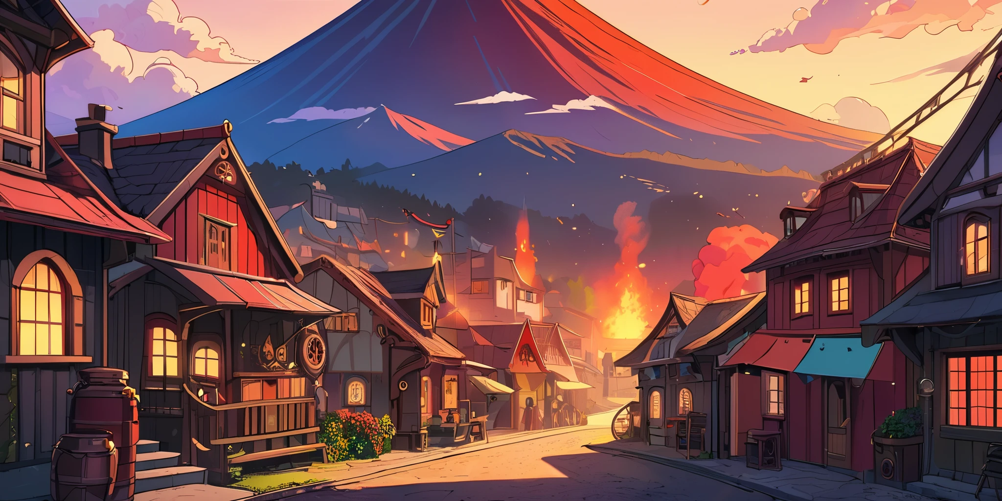 Draw a lofi anime poster, village, volcan, Steampunk Decoration, faire, lumière, a beautiful color palette in black red, couleurs saturées vibrantes, ouvrages d'art, days, animated theme