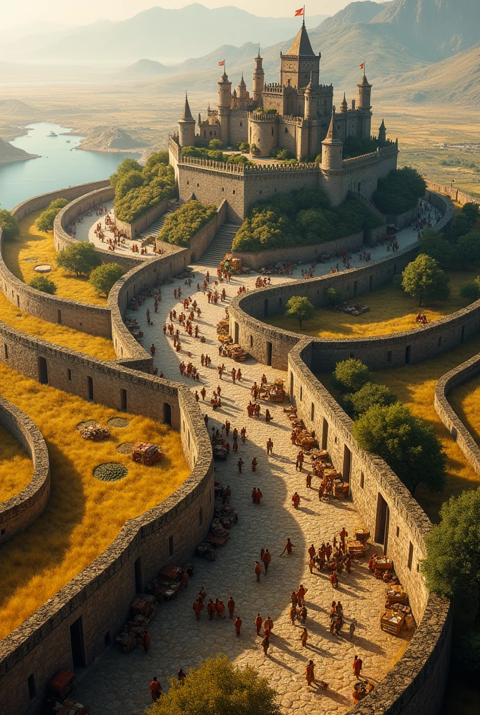 Concentric walls of the Middle Ages seen from above that follow the edges of a large island . These walls prevent access to the outside world . Inside there are fields of cultivation, a palace, markets...