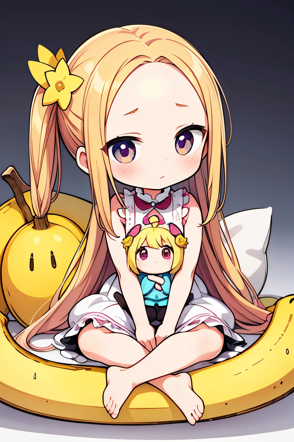 Photorealistic、Chibi Doll(whole body、Panic face、hairpin、A hairstyle that reveals a large forehead、A hairstyle parted in the middle、A banana peel is sitting on top of his head.)
