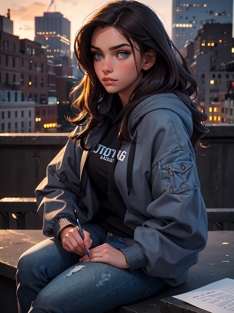 a pretty brunette, 22 years old, wearing a black hoodie and blue jeans, writing on paper on the roof of a New York building, pensive and slightly sad expression, detailed facial features, detailed eyes and lips, complex urban background, fancy lighting, cinematic composition, realistic photo, high quality, 8k, ultra detailed